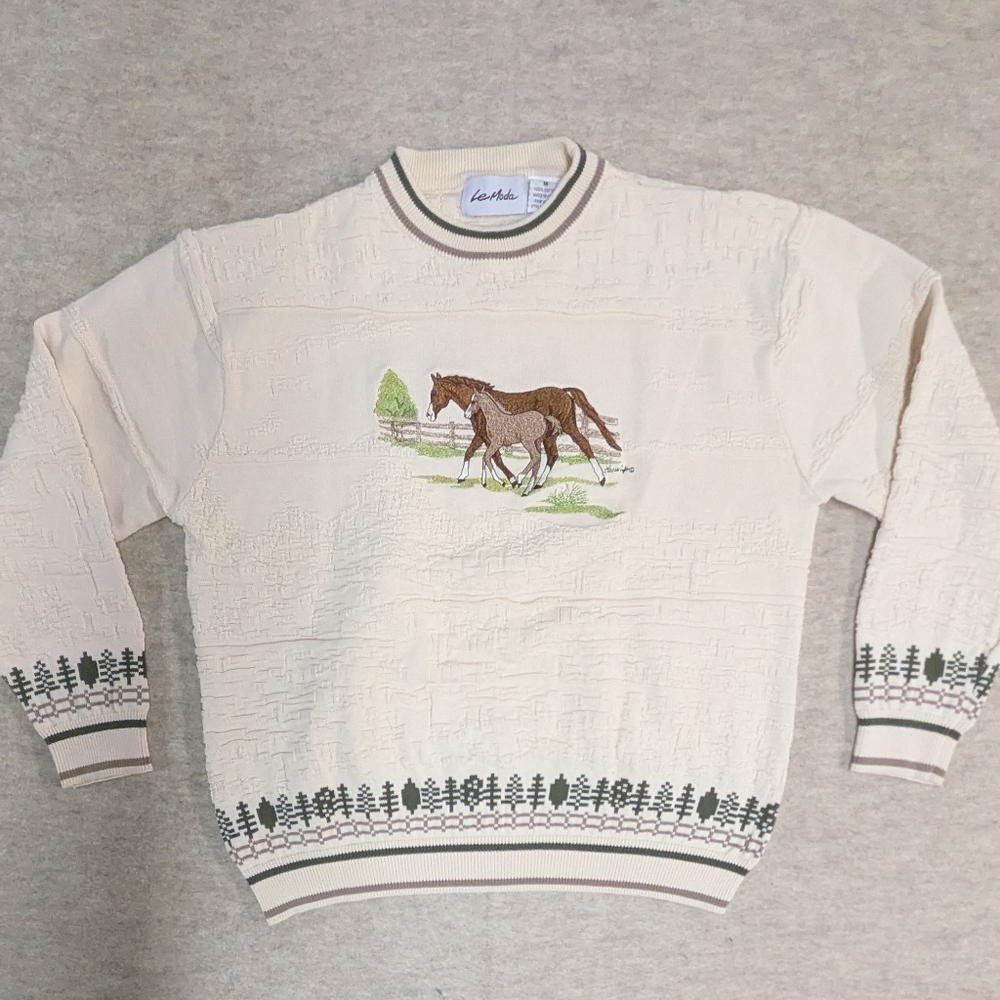 Le Moda Vintage Equine Horse Cream Embroidered Knit Cotton Sweater Size Medium